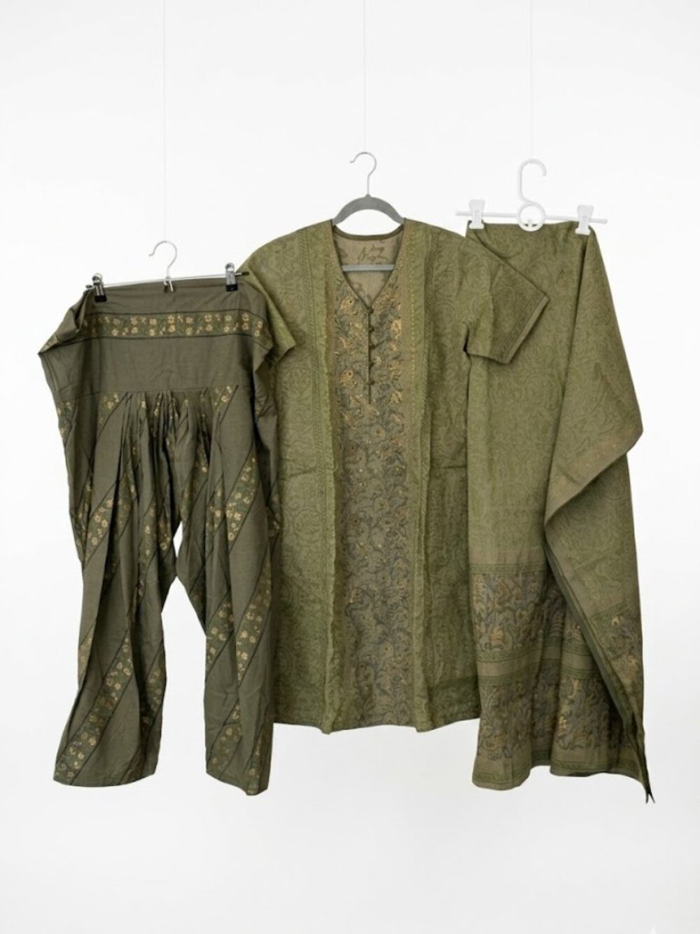 Beautiful 3-Piece Olive Green Salwar Kameez Suit Set (Kurta, Patiala Salwar, Med